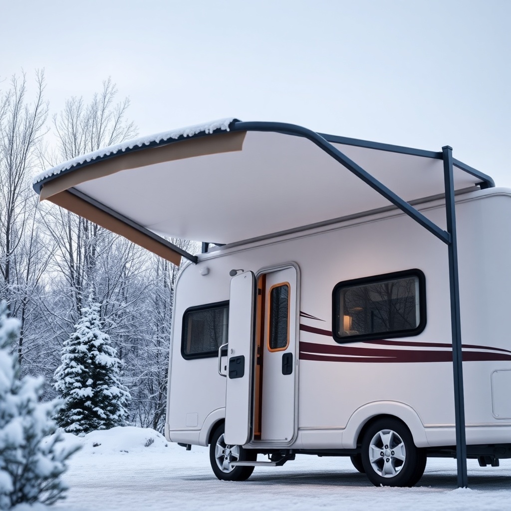 <clean photorealistic photo/illustration of Fiamma F45 Pro installed on a caravan in a sno