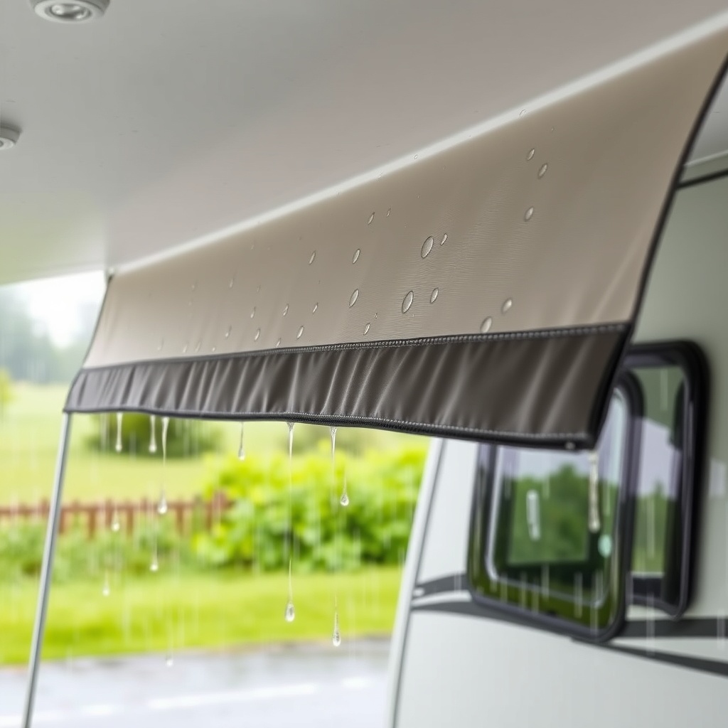 <clean photorealistic photo/illustration of Fiamma F45 Pro shading a caravan in heavy rain