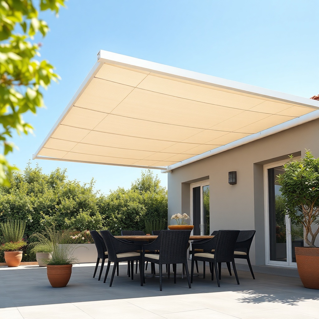 <clean photorealistic photo of Fiamma F45 Pro pergola providing shade on a sunny terrace w