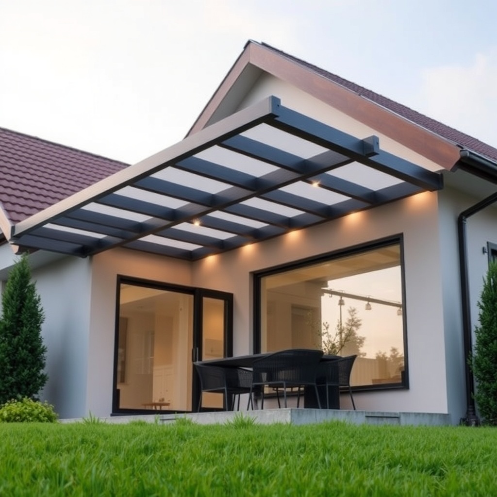 <clean photorealistic photo of Fiamma F45 Pro pergola being installed on a modern house wi
