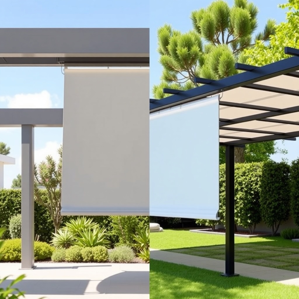 A photorealistic side-by-side comparison of the Fiamma F45 Pro pergola (sleek grey aluminu