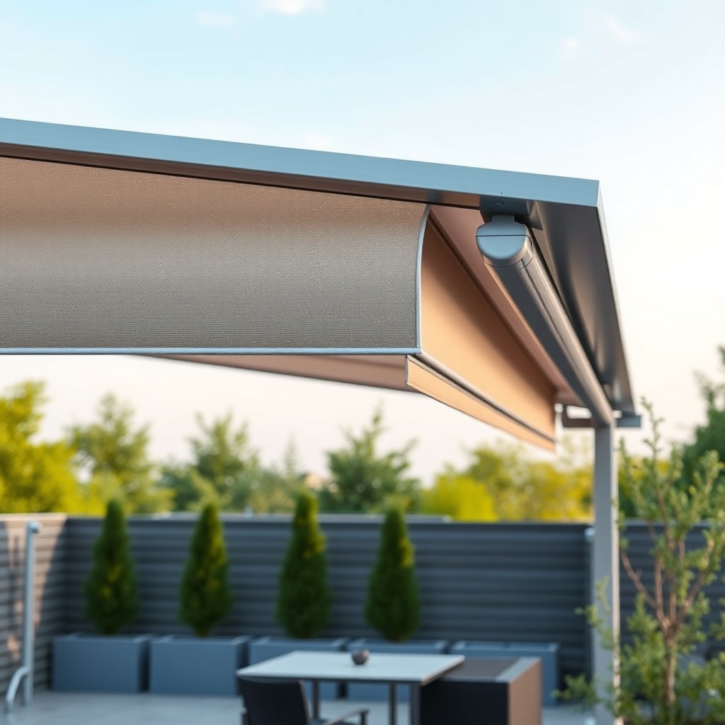 A photorealistic close-up of a Fiamma F45 Pro pergola installed on a modern terrace