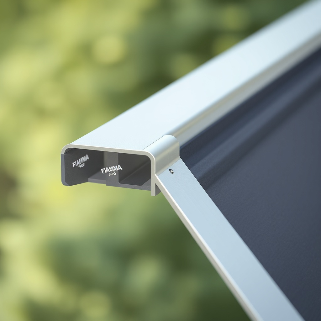 <clean photorealistic photo of Fiamma F45 Pro aluminum profile close-up with focus on rail