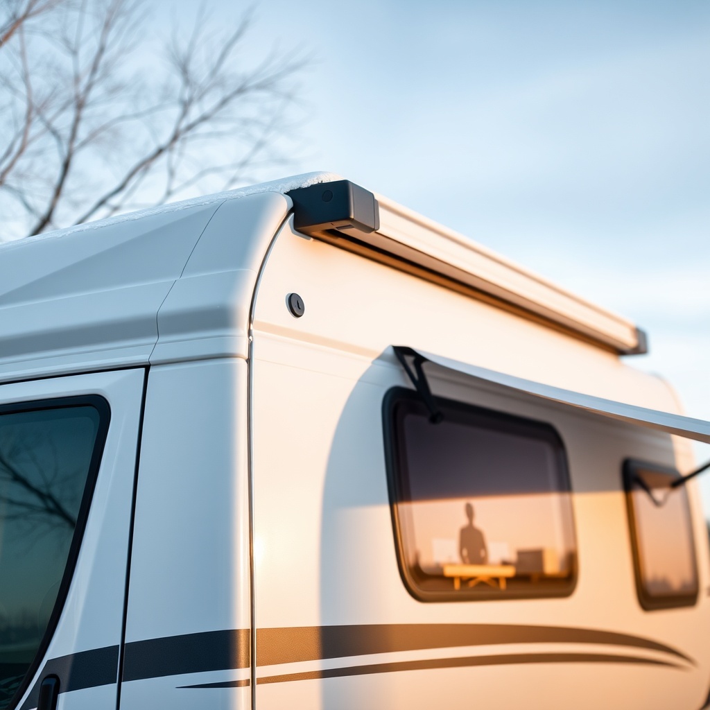 <clean photorealistic photo of Fiamma F45 Pro in winter setting with light snow on the roo