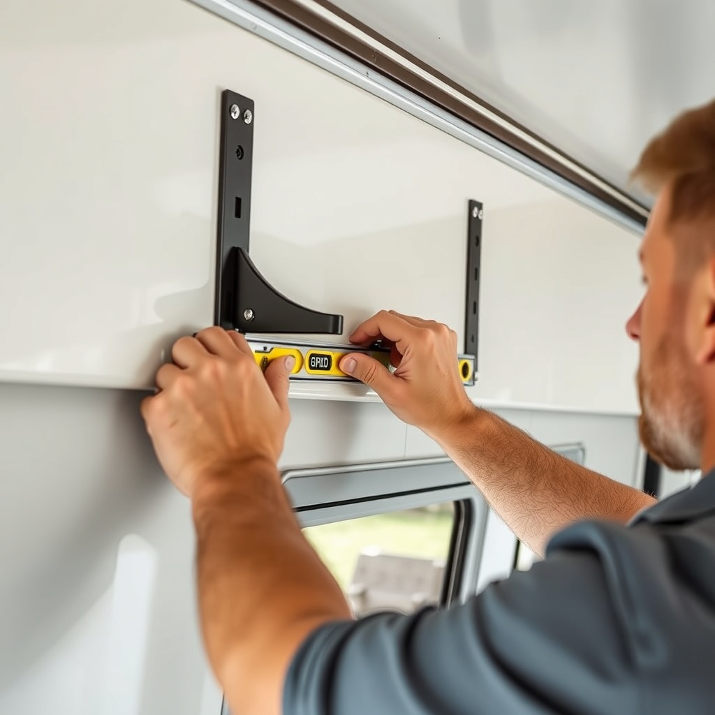 <clean photorealistic photo of a person mounting Fiamma F45 Pro brackets on a caravan wall