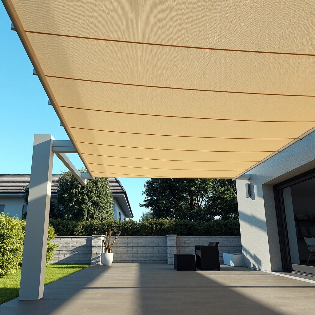 A photorealistic wide-angle photo of a Fiamma F45 Pro pergola with kanatlar partially open