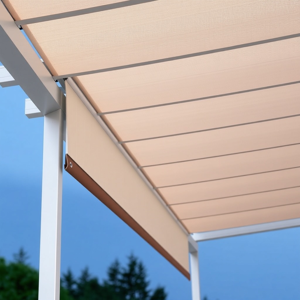 A photorealistic photo showing the side view of a Fiamma F45 Pro pergola with a fully inst