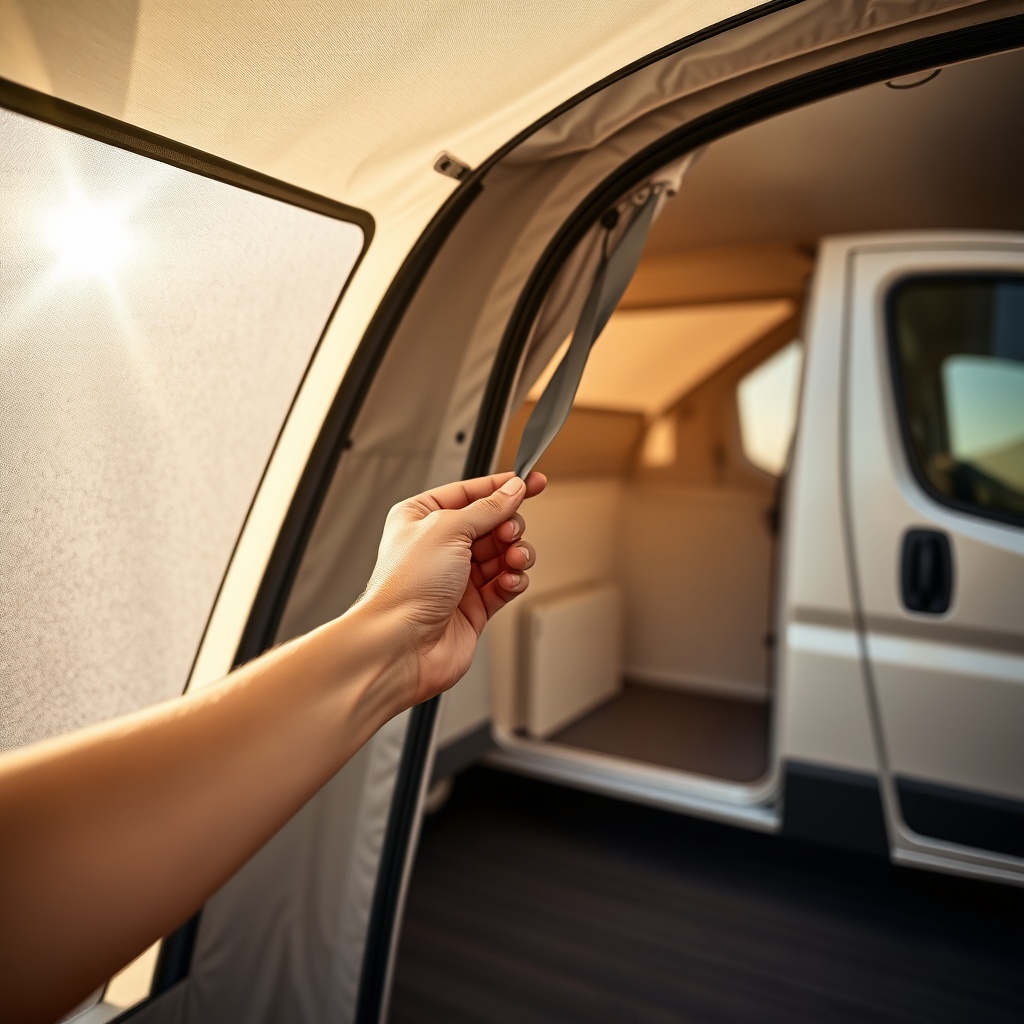 A close-up photorealistic photo of a Fiamma F45 Pro tent with a person’s hand adjusting th