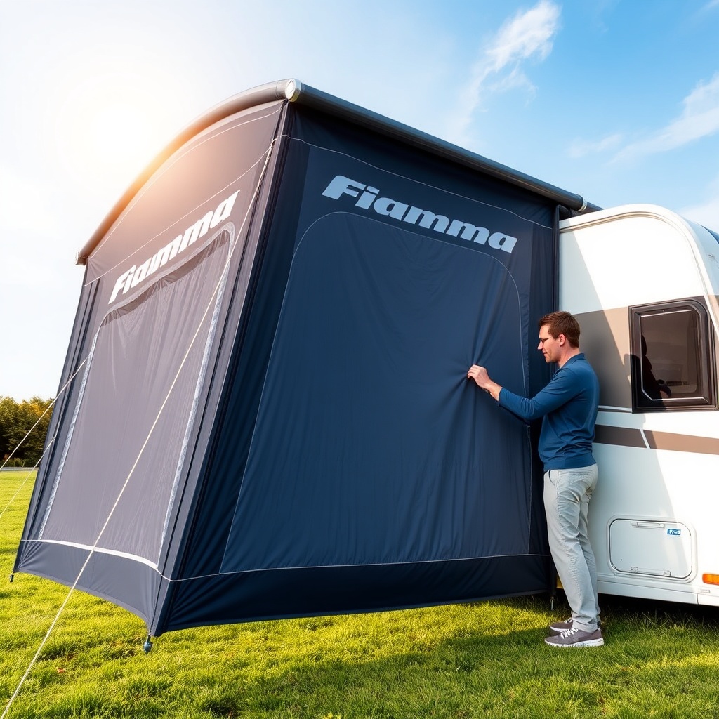 A photorealistic illustration of a Fiamma F45 Pro tent extended over a caravan