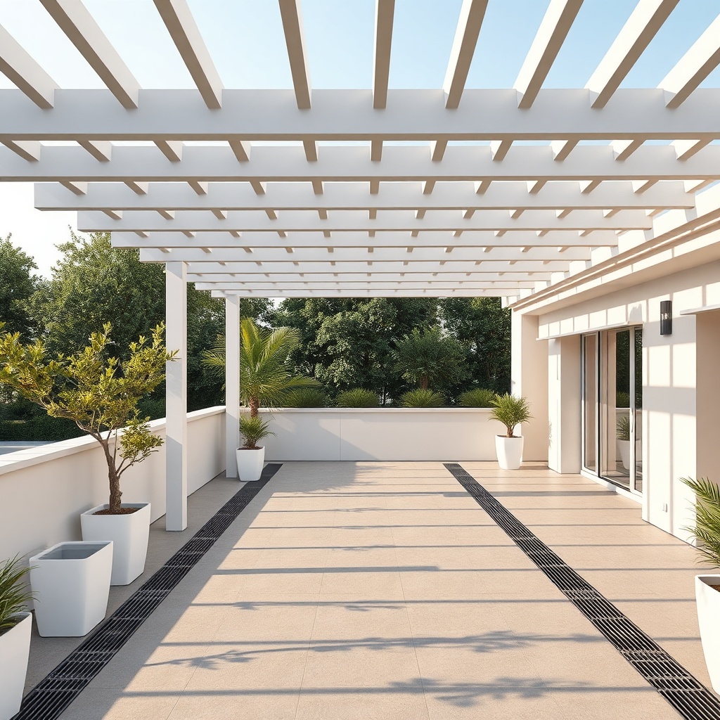 <clean photorealistic photo/illustration of a modern terrace with a pergola showing standa