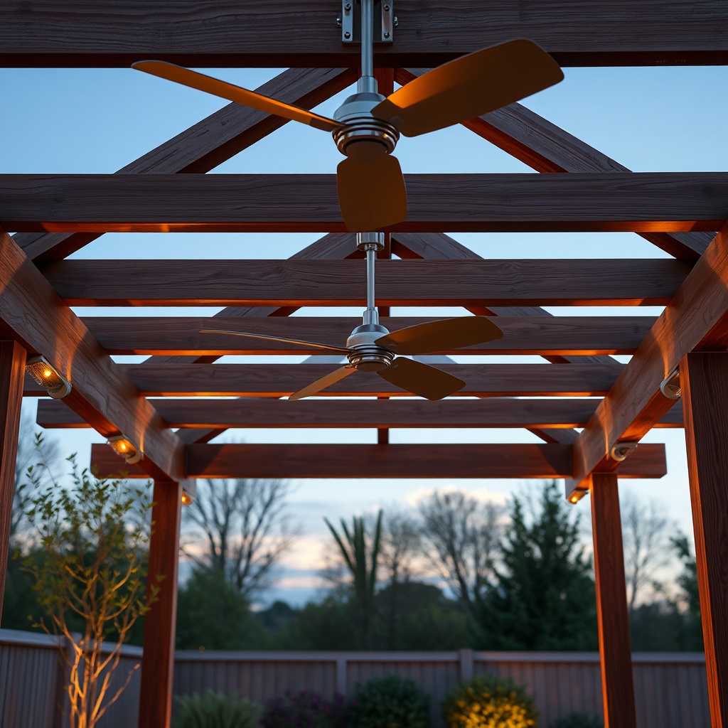 <clean photorealistic photo/illustration of a garden pergola with infrared heater mounted