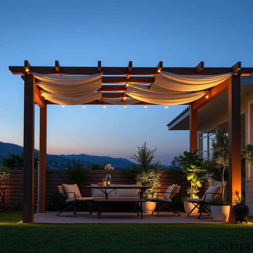 Gunter 3x4m ahşap pergola yanında gölgelik tente ve LED aydınlatma aksesuarlarının bulundu