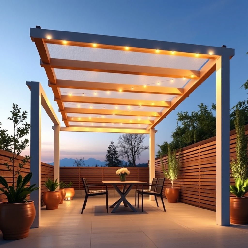 Gunter 3x4m ahşap pergola altında yan perdeler ve LED aydınlatmalı bir oturma düzeni