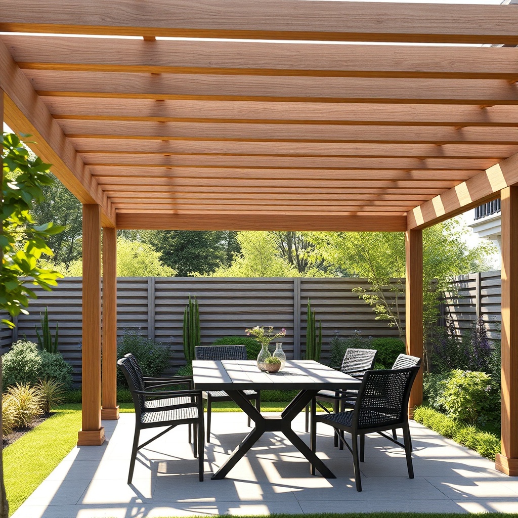 A photorealistic 16:9 image of a Gunter 3x4m Ahşap Pergola in a garden