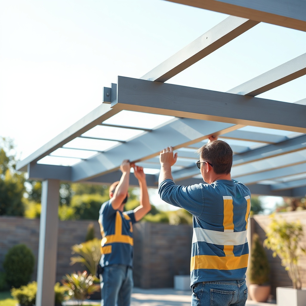 A photorealistic 16:9 image of a Gunter 3x4m Ahşap Pergola installation process