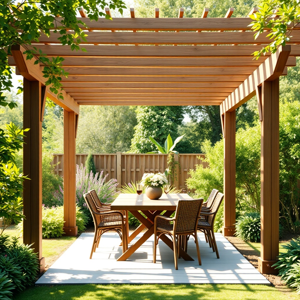 clean photorealistic photo of a wooden pergola in a garden with a dining table and chairs
