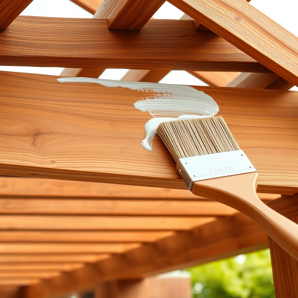 clean photorealistic photo of a wooden pergola with a protective coat being applied