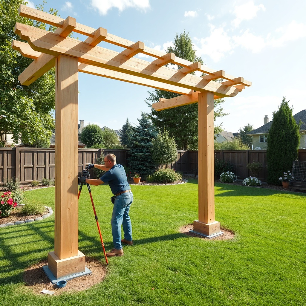 A photorealistic photo of a clean wooden pergola being installed on a sunny garden lawn