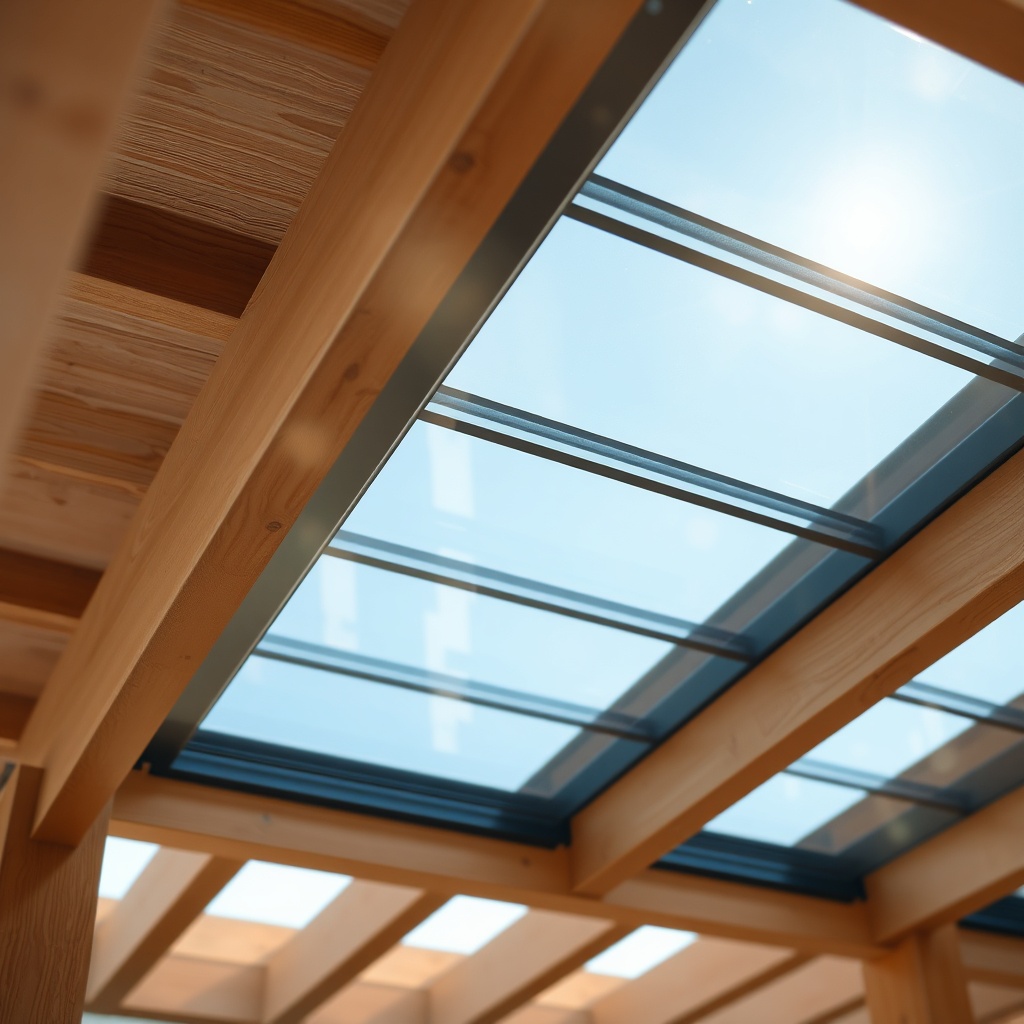 A photorealistic close-up of a polycarbonate roof panel being aligned on wooden pergola ra