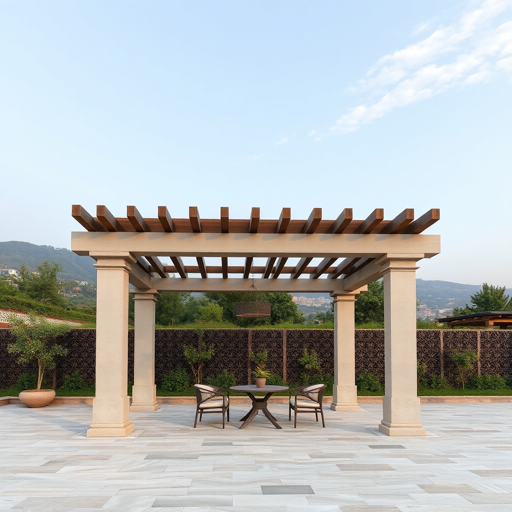 Ahşap pergola montajı sırasında direklerin beton temele yerleştirilmesi