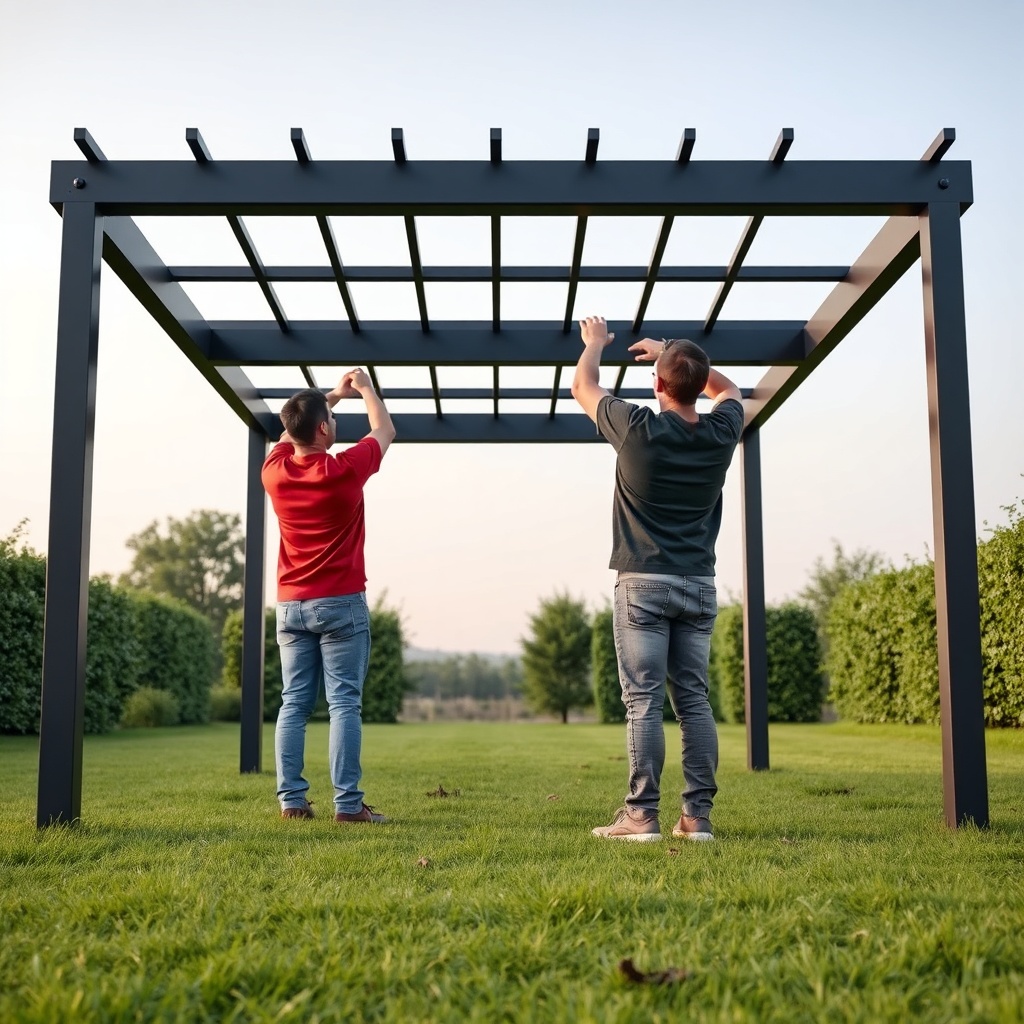 <clean photorealistic photo of two people installing Outsunny 3x3m pergola on grass
