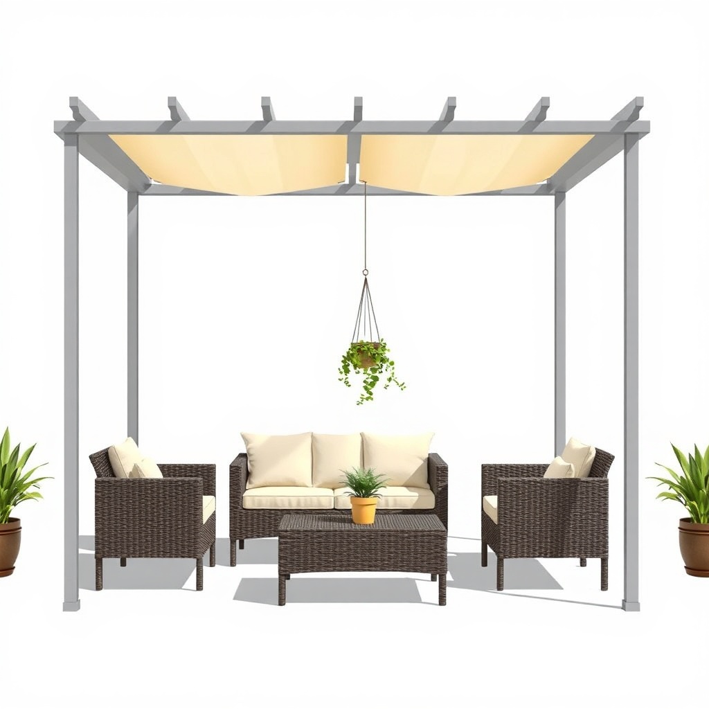 A photorealistic illustration of a well-organized Outsunny 3x3m katlanır pergola setup fea