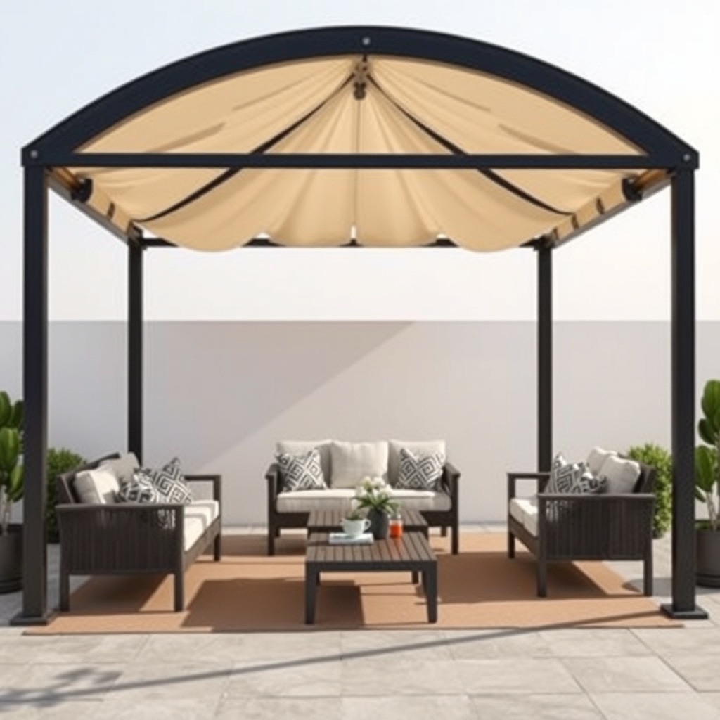 Geniş bir terasta Outsunny 3x3m Katlanır Pergola altında serin bir oturma alanı