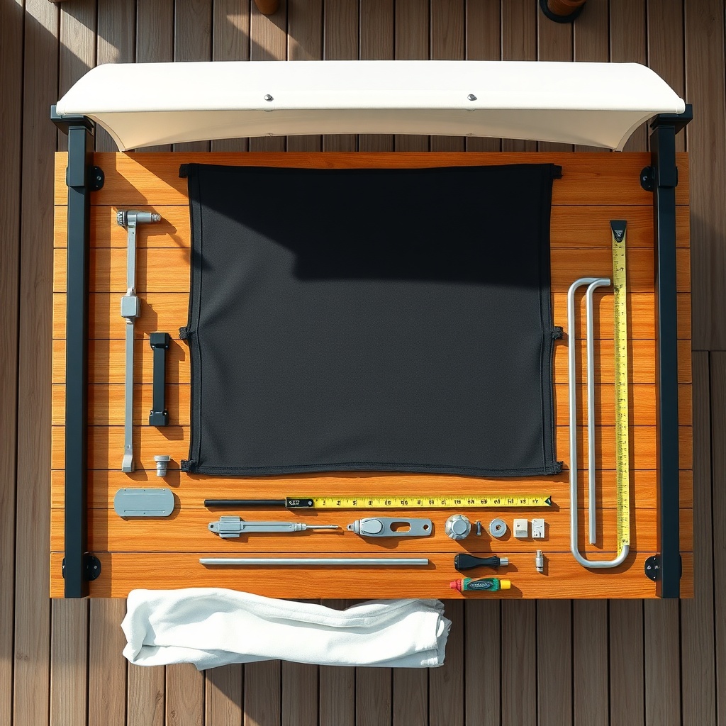 A flat-lay top-down view of an Outsunny 3x3m folding pergola kit laid out on a wooden tabl