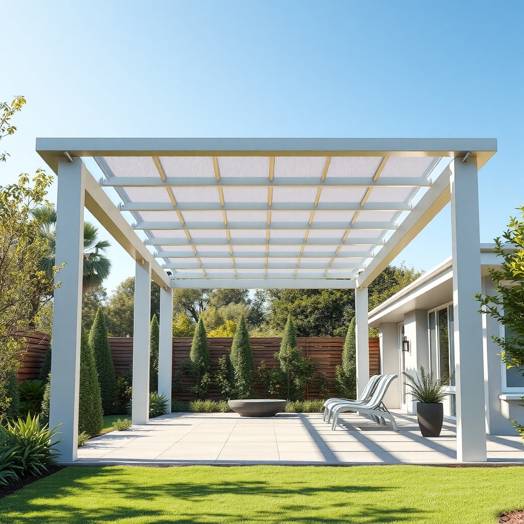 <clean photorealistic photo of a modern aluminum pergola in a sunny garden with retractabl