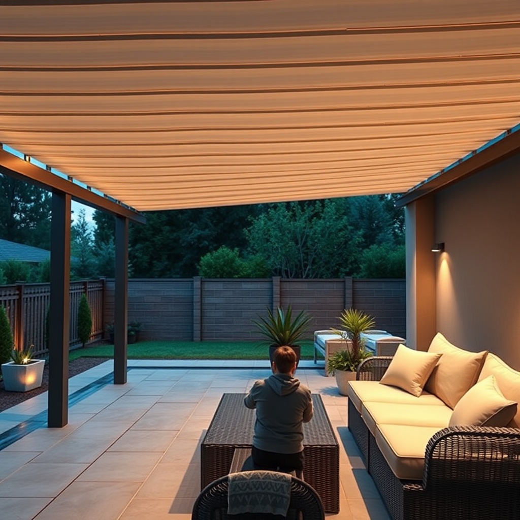 <clean photorealistic photo of a motorized pergola with remote control on a patio
