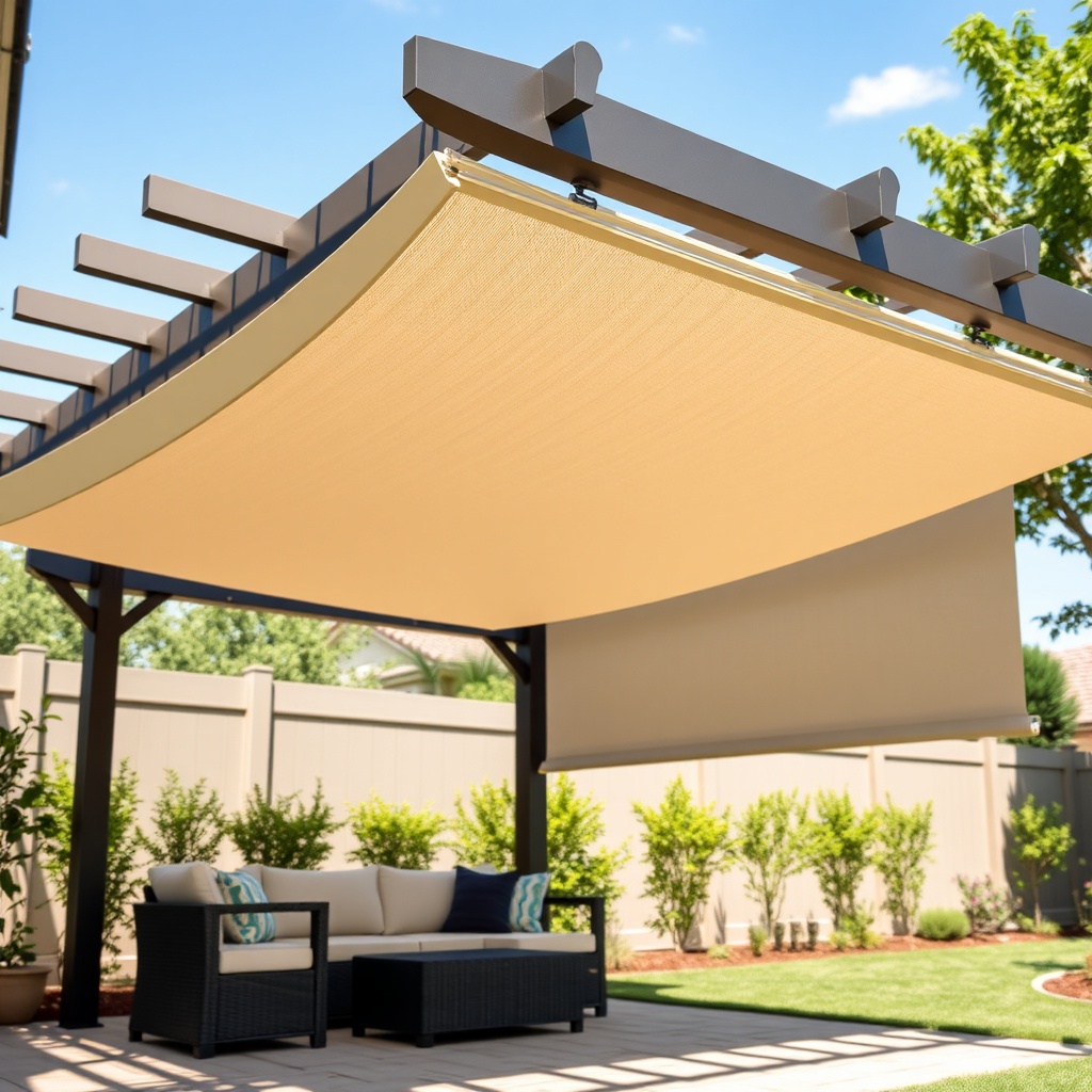 <A photorealistic photo of a Sunjoy Ledge 10x10 pergola with a retractable canopy in a sun