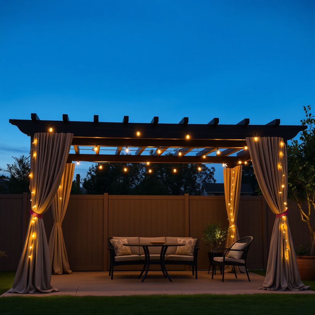 <A photorealistic photo of a Sunjoy Ledge 10x10 pergola with side curtains and string ligh