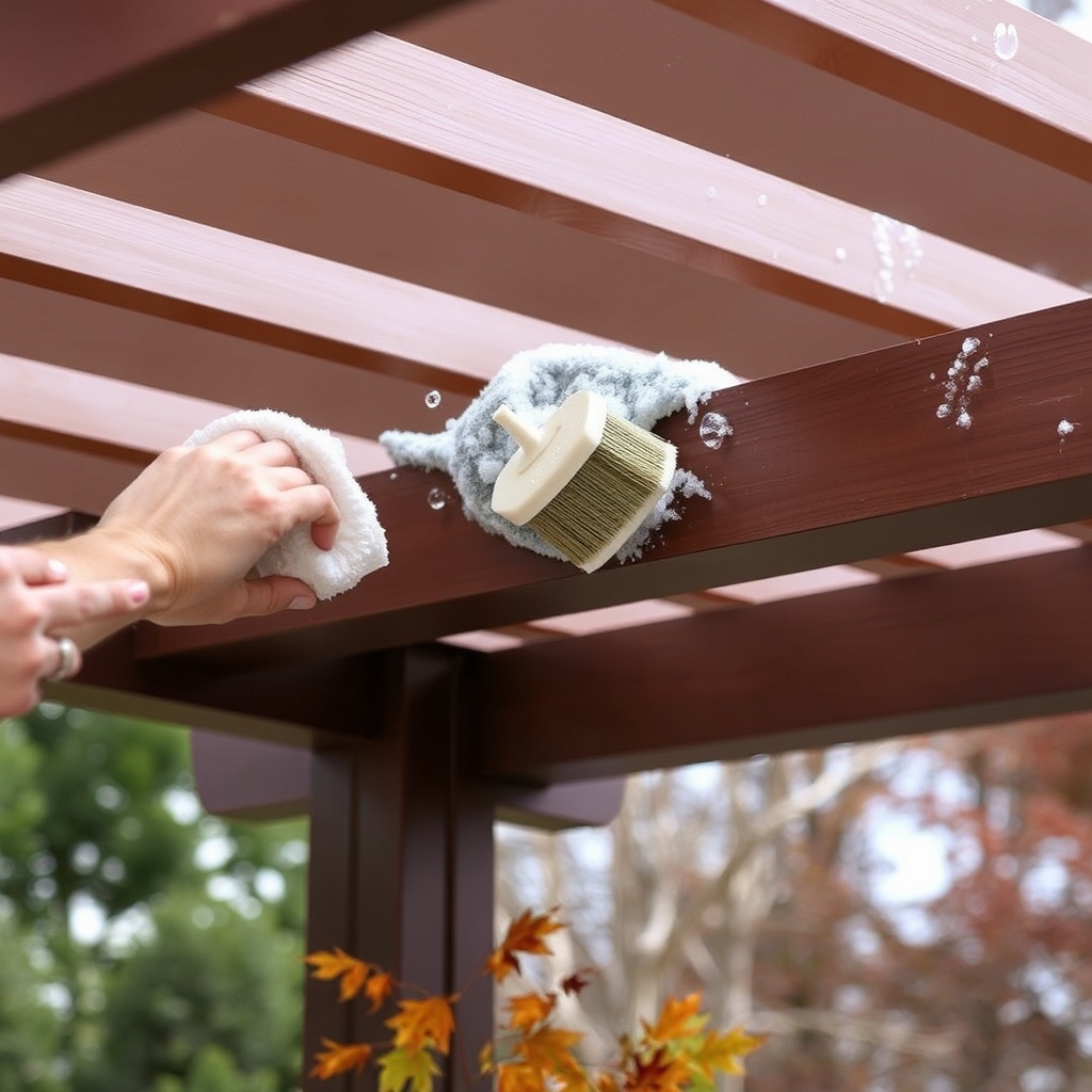 A close-up photo of a Sunjoy Ledge 10x10 pergola roof panel being cleaned with a soft brus
