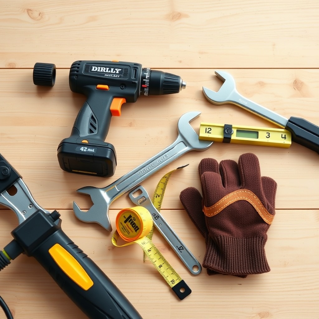 A close-up flat lay of pergola mounting tools: electric drill