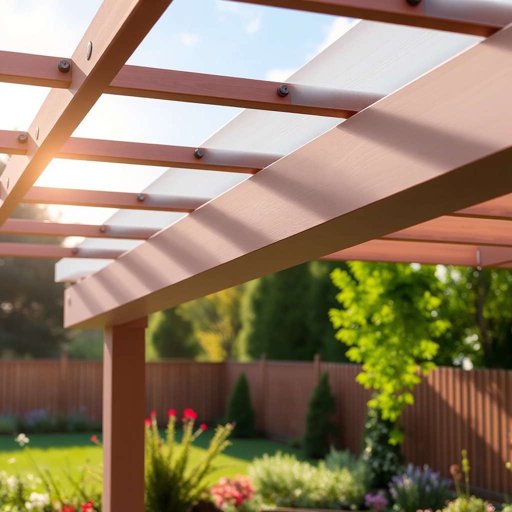 A clean photorealistic photo of a Sunjoy Ledge 10x10 pergola installation process with vis