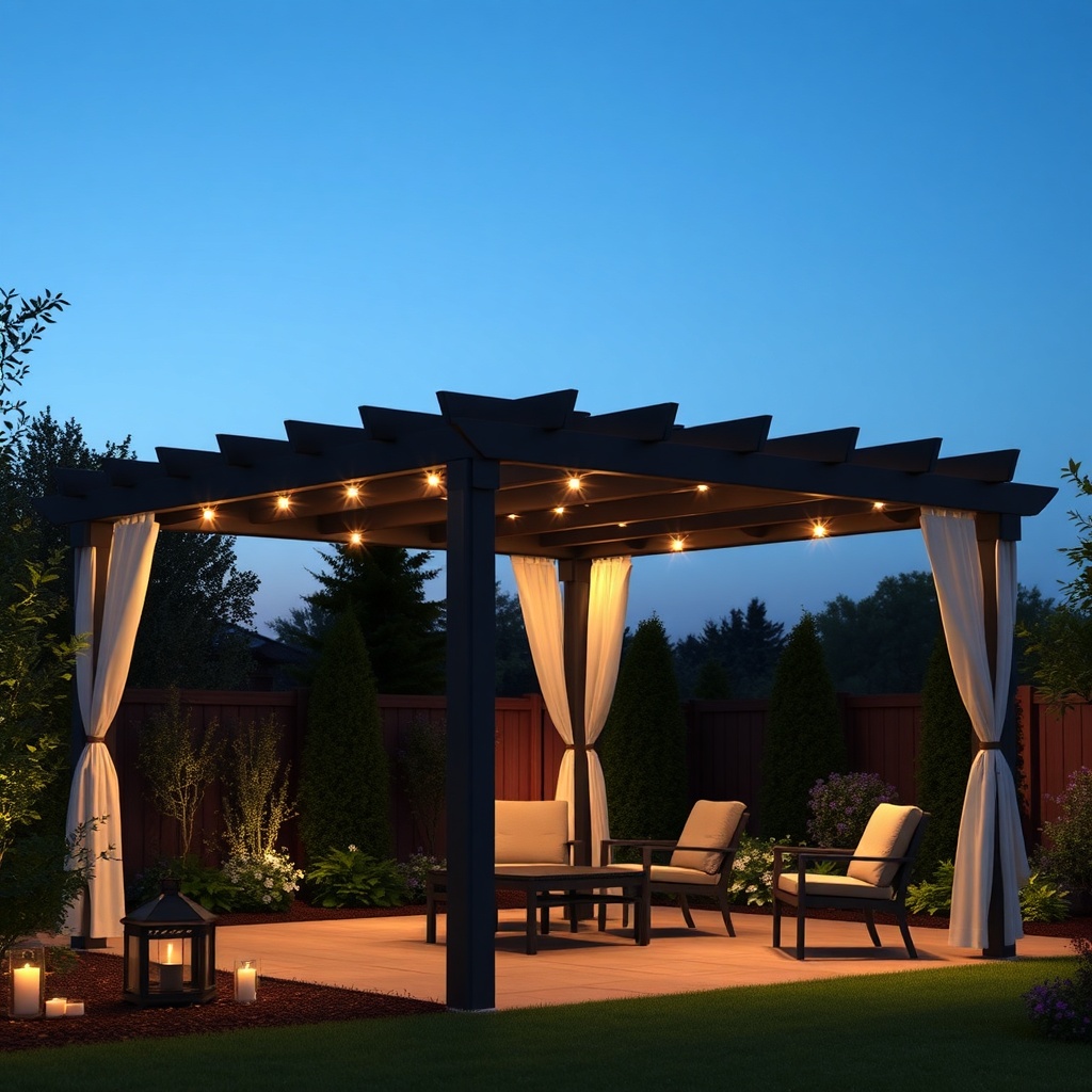 A clean photorealistic photo of a Sunjoy Ledge 10x10 pergola with LED lights and side curt